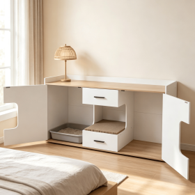 Wooden Cat House Cabinet with Wide Countertop 2 Drawers And 2 Doors for Cats Hidden Design Pet Shelter with Storage