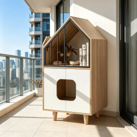 Indoor Wooden Cat Litter Box Enclosure with Shelf 2 Doors House-Shaped Pet House for Cats with Shelf