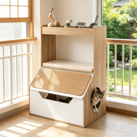 3-in-1 Hidden Cat House Cabinet for Cats with 4 Cubbies Removable Cushion Scratching Pad - Pet Furniture