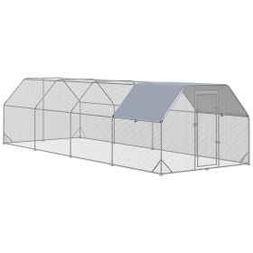 Large Chicken Coop Metal Chicken Run with Waterproof and Anti-UV Cover, Flat Shaped Walk in Fence Cage Hen House for Outdoor and Yard Farm Use