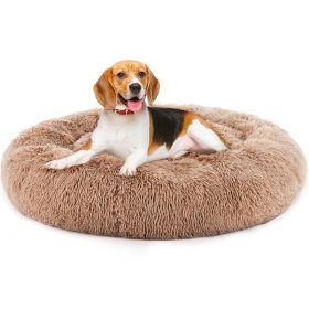 24 Inch Anti-Slip Round Fluffy Plush Faux Fur Cat Bed, Fits up to 25 lbs Pets (size: Brown/L)