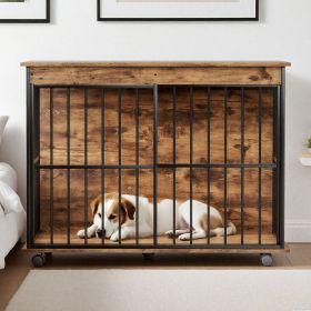 Dog Crate Furniture , Large Dog Cage Furniture with Tray for Medium Large Dogs, Wooden Dog Kennel Furniture (Main Color: Walnut+black, Main Material: MDF+Iron)
